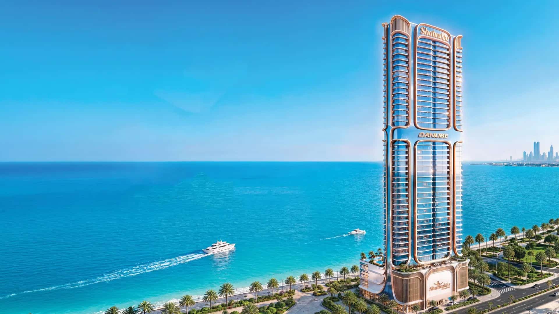 Shahrukhz Residences tower rising over the sea in Dubai Maritime City